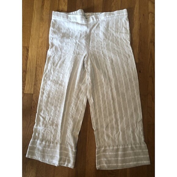 LOFT Womens Size XL Tan & White Linen Blend Wide Leg Pull On Cropped Pants - Picture 1 of 4